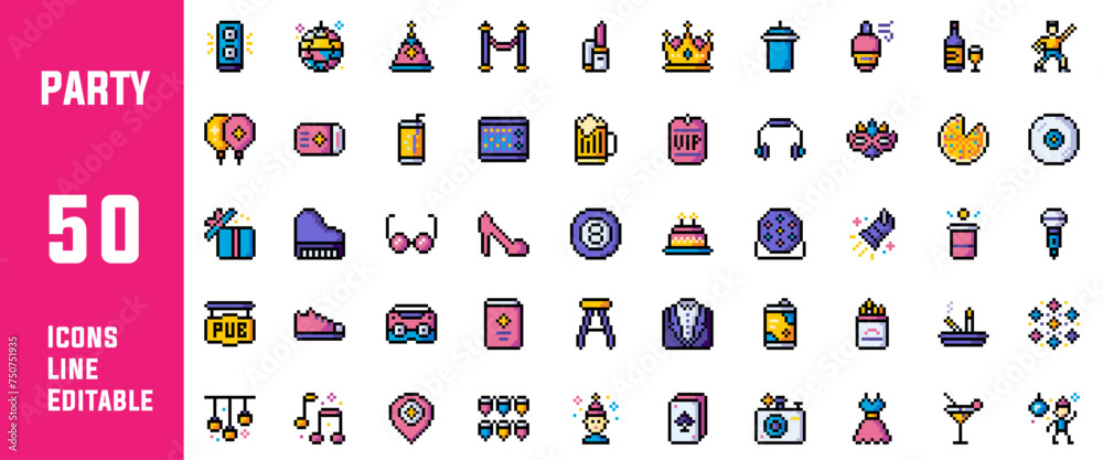 Naklejka premium 50 Party and Celebration Line Icons Set Design