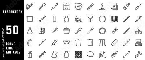 50 Laboratory icons set. Containing experiment, test tube, microscope, flask, chemical, biology, research, lab and more. Solid vector icons collection