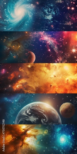 Space collage, Background image for mobile phone, ios, Android, banner for instagram stories, vertical wallpaper.
