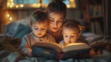 Woman Reading Book to Two Children