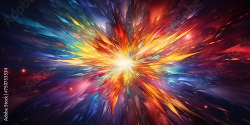 Abstract cosmic explosion depicting vibrant hues and dynamic movement, resembling a supernova