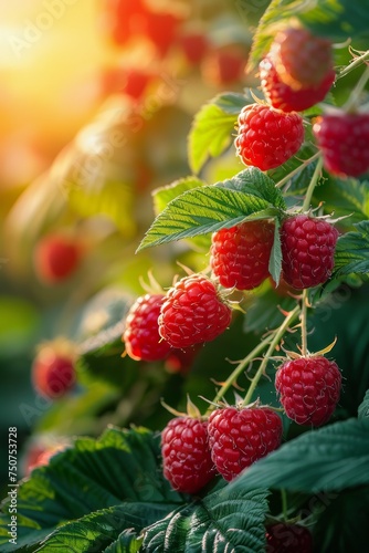 Ripe Raspberries Growing on Bush