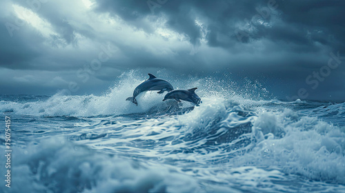 Playful dolphins jumping over breaking waves. Hawaii Pacific Ocean wildlife scenery. Marine animals in natural habitat. AI Generated. © Gosgrapher