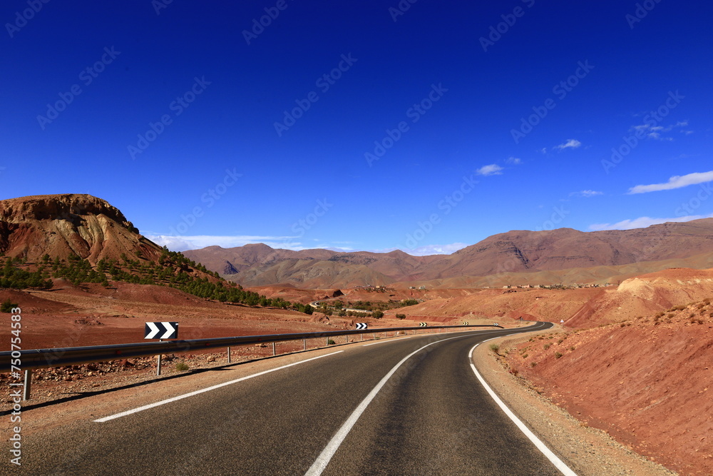 View on a road in the High Atlas which is a mountain range in central Morocco, North Africa, the highest part of the Atlas Mountains View on a road in the High Atlas which is a mountain range in central Morocco, North Africa, the highest part of the Atlas Mountains