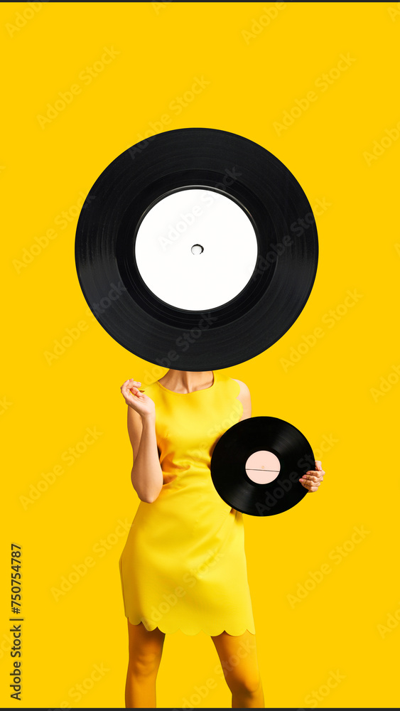 Obraz premium Contemporary art collage. Young woman with huge vinyl audio recorder posing holds smaller vinyl cassette against vibrant background. Concept of music, party, creativity, inspiration, self-expression.
