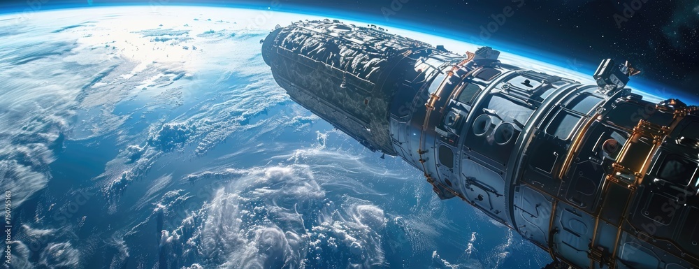 Fototapeta premium Innovative Ascent: Cargo Pod Climbing the Space Elevator’s Nanotube Cord