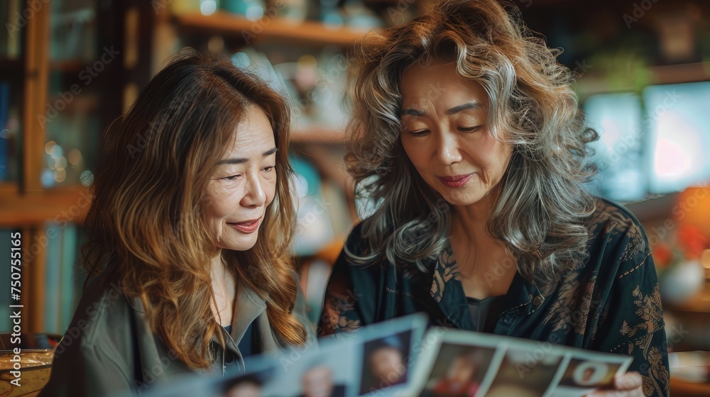 Two Women Sitting on a Couch Looking at a Magazine Two Women Sitting on a Couch Looking at a Magazine