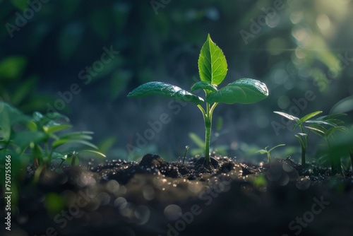 young plant seeding on the soil, in the style of tranquility