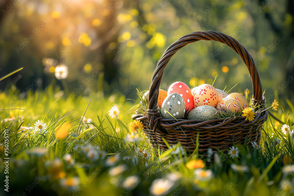 Basket With Decorated Easter eggs in the grass with blur nature background. Basket With Decorated Easter eggs in the grass with blur nature background.