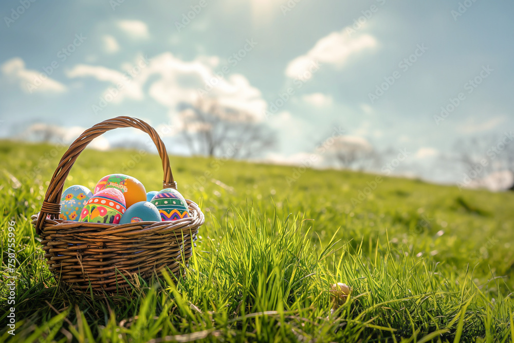 Basket With Decorated Easter eggs in the grass with blur nature background. Basket With Decorated Easter eggs in the grass with blur nature background.