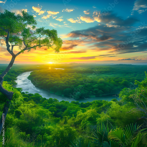 Beautiful green amazon forest landscape with sunset sky background. Aerial view of the Amazon Rainforest