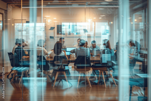 Corporate Meeting in Modern Conference Room with Blurred Glass Walls and Group of People Sitting at Table © SHOTPRIME STUDIO