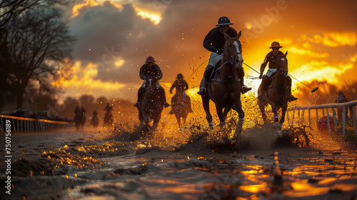 Group of Men Riding Horses Through Muddy Field