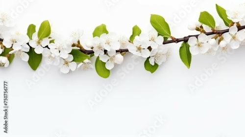 Branch With White Flowers and Green Leaves