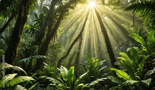 jungle view of leaves and trees  rainforest  landscape