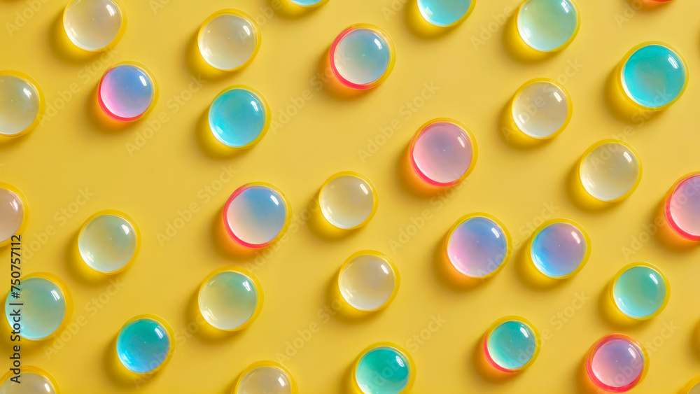 Colored translucent bubbles on pale yellow background. Pastel colors. Chaotic arrangement of balls. Soft volumetric lighting, blurred shadows. Top view. Color illustration. Close-up. Copy space.