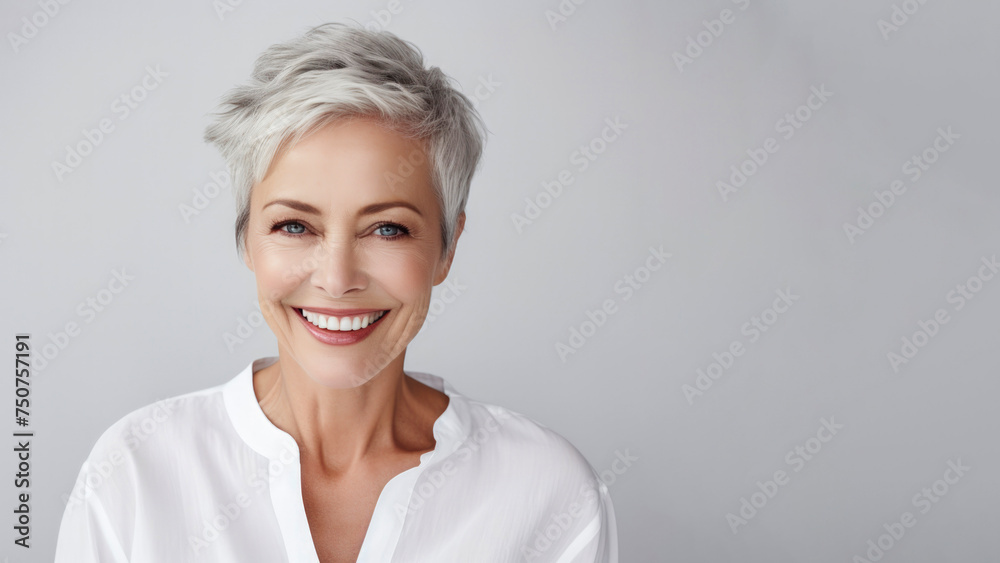 Elderly woman with smooth healthy facial skin on gray background. Aging mature woman with short gray hair, happy face. Concept of advertising beauty and cosmetics for women's skin care. Copy space. - obrazy, fototapety, plakaty 