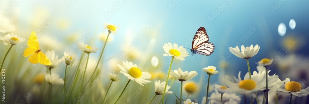 Butterfly Flying Over Field of Daisies