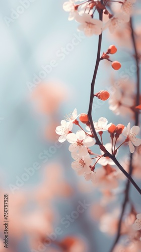 Branch With White and Red Flowers in Spring