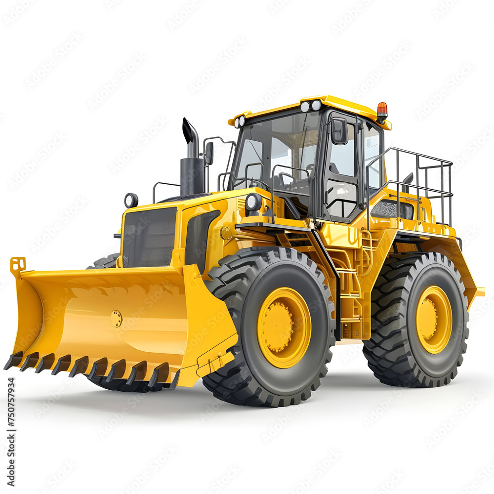 Yellow hydraulic loader isolated on white background. wide angle. front side view