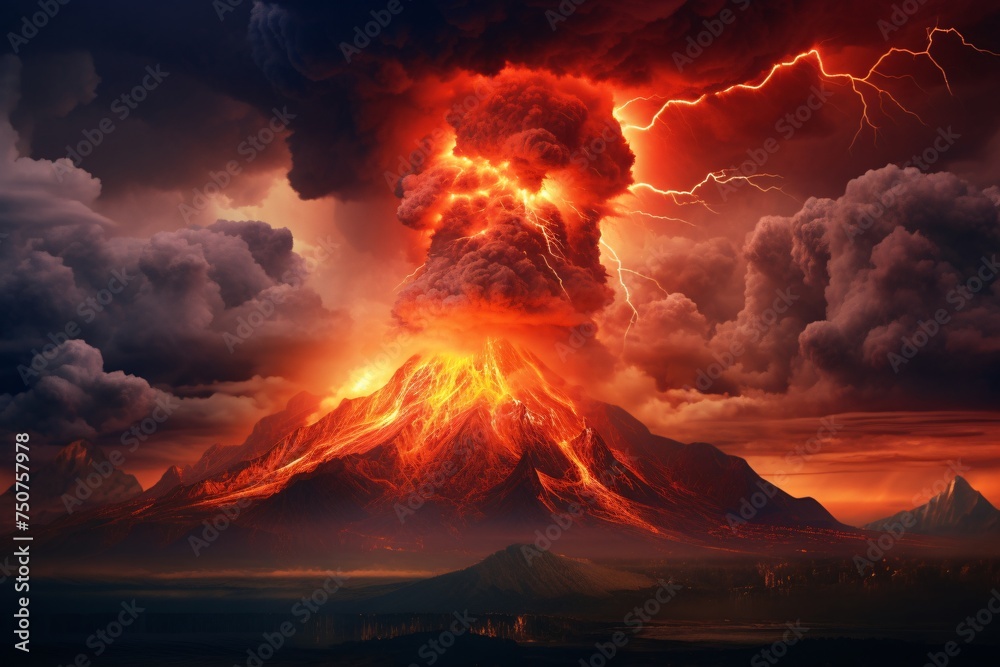 a volcano erupting with lightning