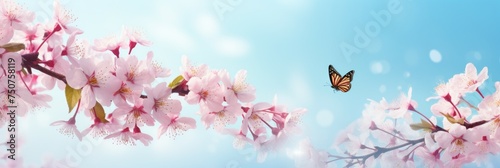 Butterfly Flying Over Pink Flowers on Sunny Day