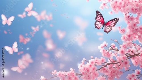 Pink Butterfly Flying Over Tree With Pink Flowers