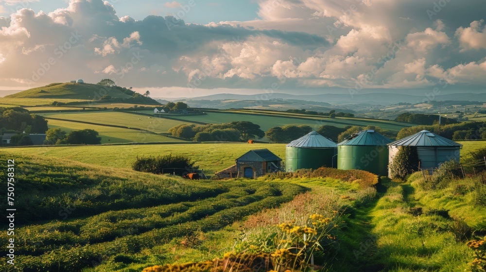 Naklejka premium Green Field With Two Silos