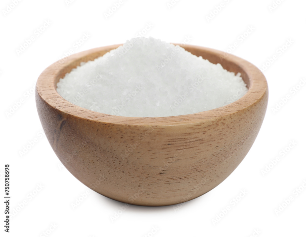 Natural salt in wooden bowl isolated on white Natural salt in wooden bowl isolated on white