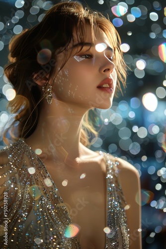 Woman in Sparkling Dress Looking Up at Sky