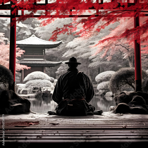 Samurai in Tranquil Meditation in Japanese Garden  Zen and Nature Harmony