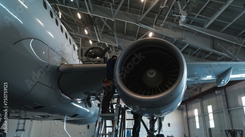 Aircraft mechanics repairing a turbine of the airplane at hangar