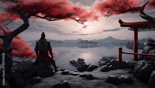 Samurai in Meditation under Cherry Blossoms by Japanese Torii