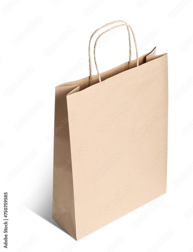 One kraft paper bag with handles isolated on white One kraft paper bag with handles isolated on white