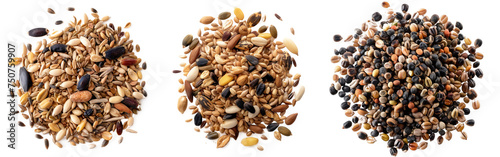Variety of mixed bird seeds isolated on transparent background. mixed bird seeds against a transparent background