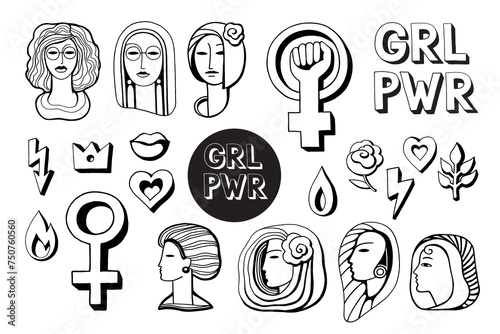 Set of doodle elements women's freedom, feminism, women's rights, equality. Strength girl lettering, female portraits. Vector illustrations suitable for Women's Day design, cards, prints, posters.