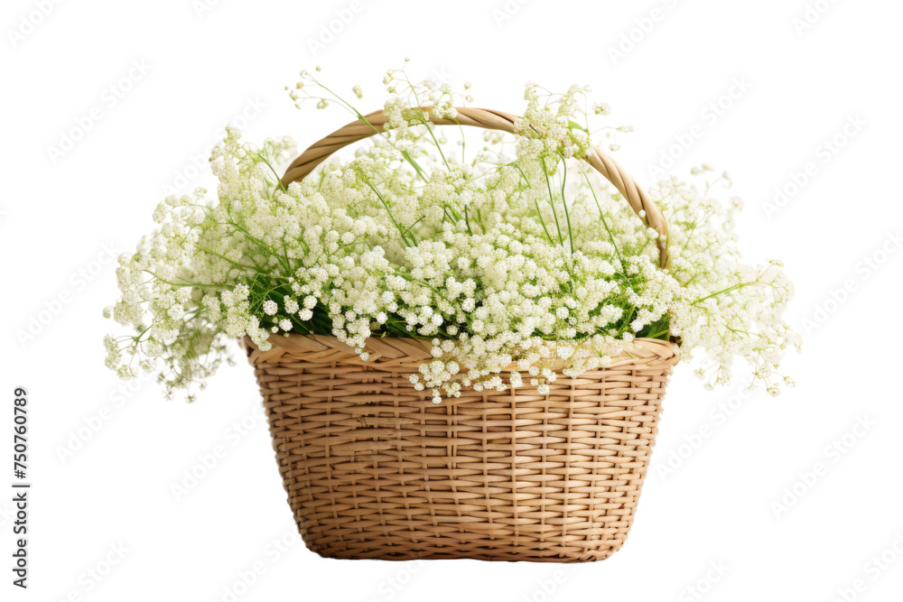 Basket of White Flowers on Table. A basket filled with white flowers is placed on top of a wooden table. The delicate petals create a serene atmosphere in the room.