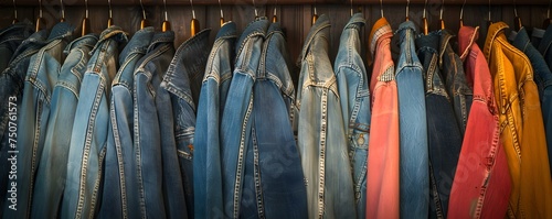 Vintage denim jackets showcased on a store rack A diverse collection of vintage denim jackets displayed on a store rack. Concept Vintage Fashion, Denim Jackets, Store Display, Collection