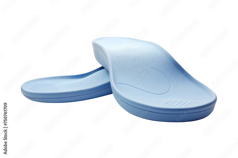 Blue Slippers. A pair of blue slippers placed neatly on a plain white background. The slippers are cushioned and have a comfortable appearance, ideal for indoor use.