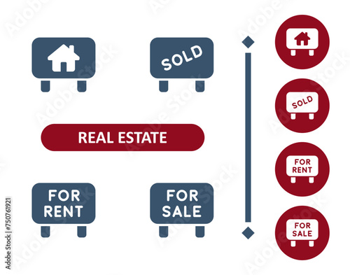 Real estate icons. House, home, sign, real estate signs, for sale, for rent, sold icon