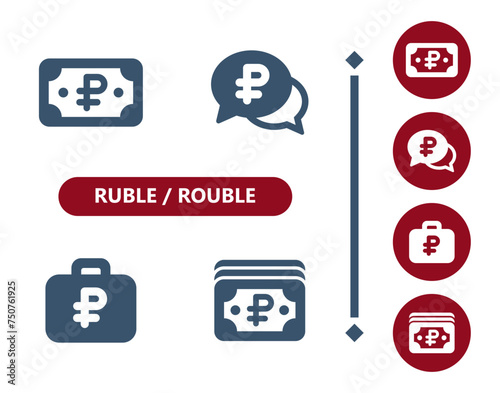 Ruble, rouble icons. Ruble, rouble bill, bills, banknote, cash, money, chat bubble, briefcase, wealth icon