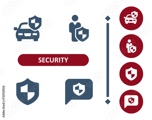 Security icons. Shield, insurance, car, man, life insurance, security guard, chat bubble icon