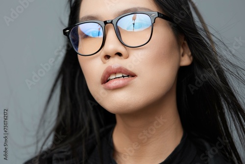 Woman student smile cute background business beautiful studio glasses fashion asian portrait