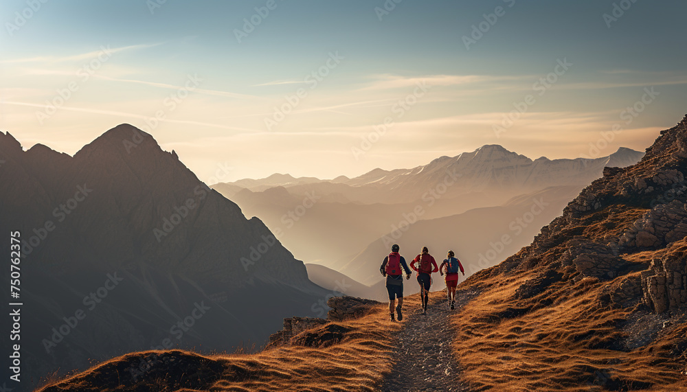 mountain runners or hikers from behind - obrazy, fototapety, plakaty 