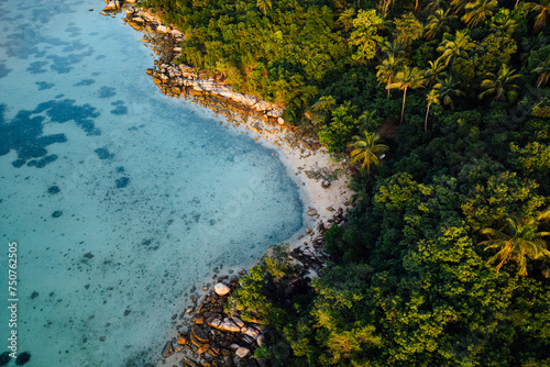The image shows an aerial view of a tropical island with a clear blue ocean and lush green trees. The island is surrounded by a white sand beach and coral reefs. There are several palm trees on the is