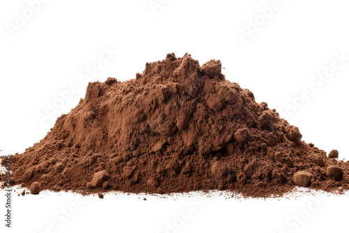 Pile of Dirt. A mound of dirt sits on a stark white background, creating a simple yet impactful contrast. The loose soil appears textured and raw, symbolizing natures raw elements.