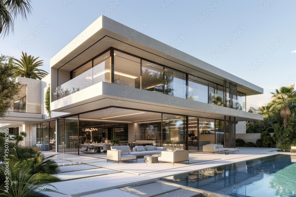 exterior perspective view af a very modern villa in marbella, two floors, large glass vindows, exterior garden pool, very high details, high resolution, turquoise sky, 3D model