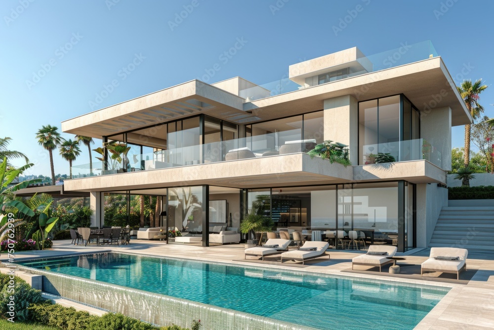 exterior perspective view af a very modern villa in marbella, two floors, large glass vindows, exterior garden pool, very high details, high resolution, turquoise sky, 3D model