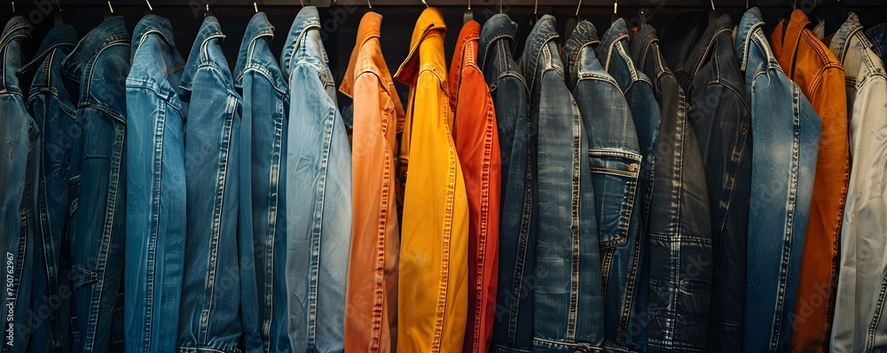 A diverse collection of vintage denim jackets displayed on a store rack. Concept Fashion, Vintage, Denim, Jackets, Store Display