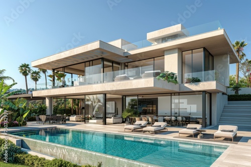 exterior perspective view af a very modern villa in marbella  two floors  large glass vindows  exterior garden pool  very high details  high resolution  turquoise sky  3D model